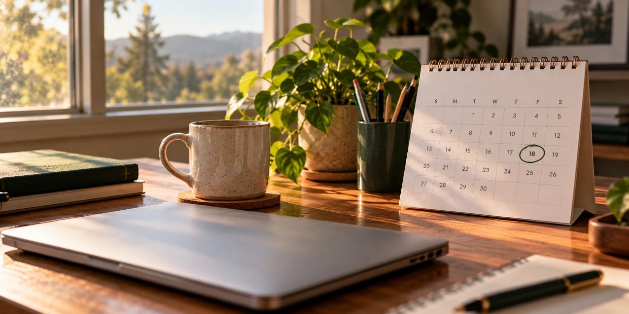 A desk calendar with one day circled in green, beside a coffee and a closed laptop
